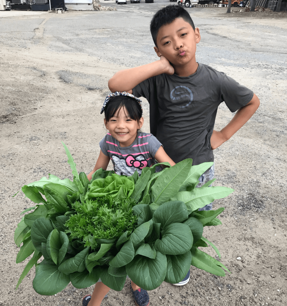 Endeavour Shen's children showing off greens grown at Sundial Farms in San Diego, CA.