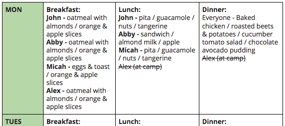 An example of what one day on a weekly meal plan might look like. 