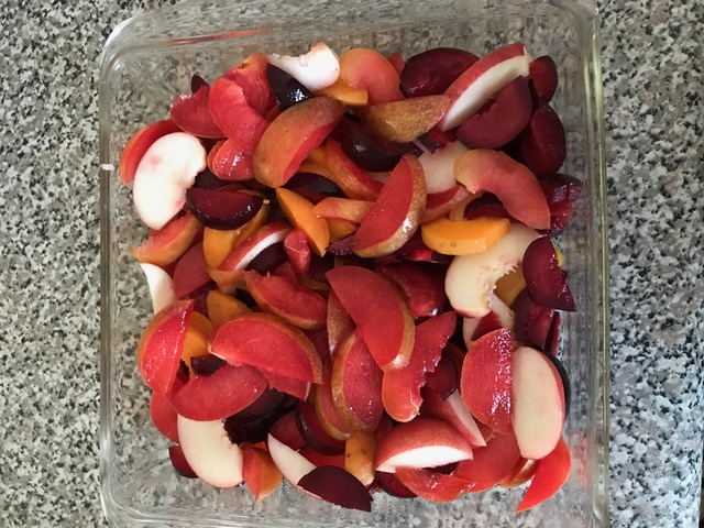 Chopped plums, tangerines, and peaches, ready for my Plum Crumb sugar-free dessert recipe below. 
